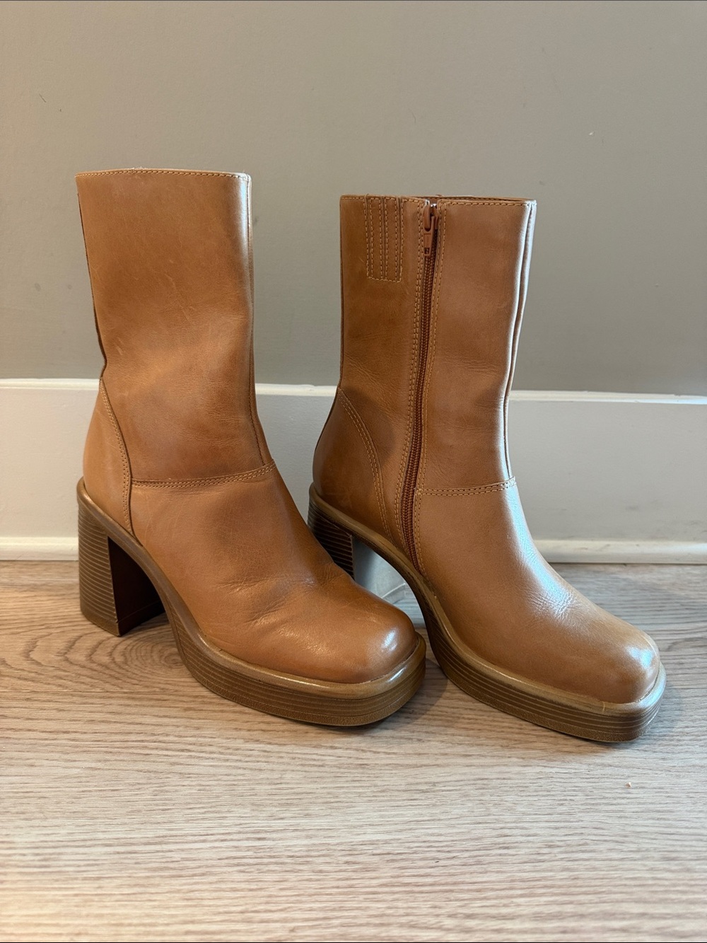 Steve Madden Cognac Leather Platform Mid-Calf Boots